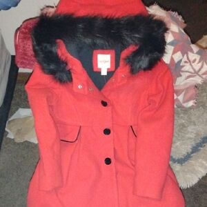 Cat & Jack Red Pea Coat with Black Faux Fur Trim
